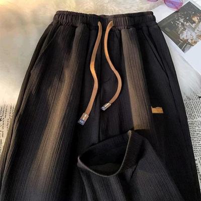 Mid-rise Elastic Waistband Men Pants Drawstring Pockets Ribbed Fast Drying Summer Ultra-thin Ice Silk Casual Trousers Streetwear