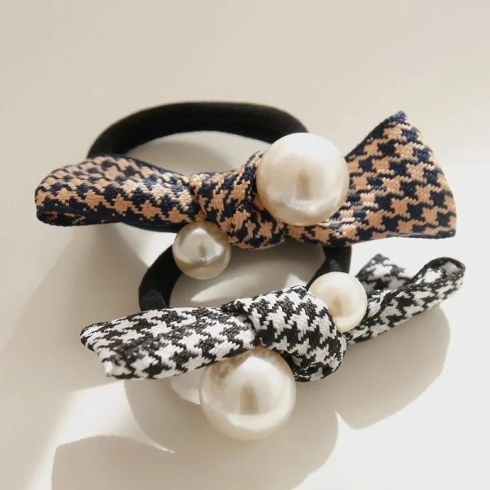 J Lauren Fabric Checkerboard Pearl Hair Scrunchie H01090 Navy