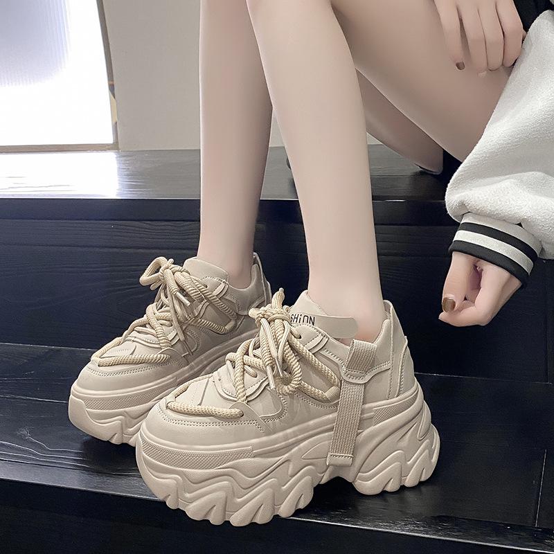 Fashion Women Platform Sneakers Spring Autumn 8CM Hidden Heel Sports Dad Shoes Woman Lace Up Leather White Casual Tennis Shoes Zapatos
