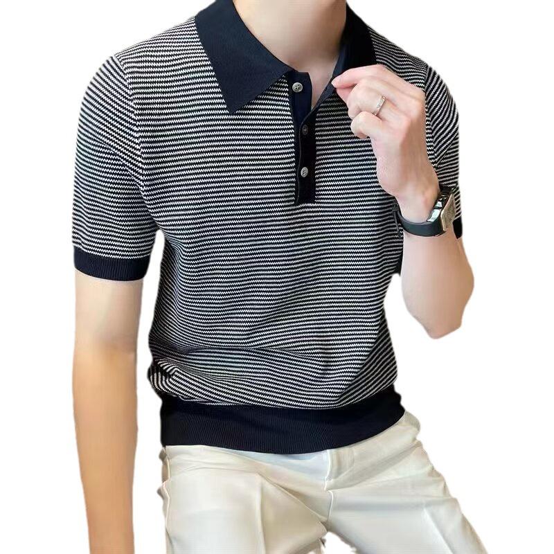 Men's European Style Ice Silk Striped Polo Shirt