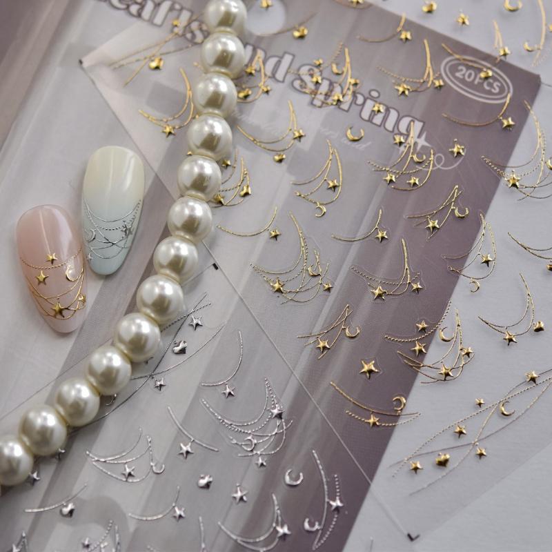 5D French Star Moon Chains Nail Art Stickers Golden/Silvery Curved Lines,Starlight Nails Slider Self-Adhesive Manicure Decals