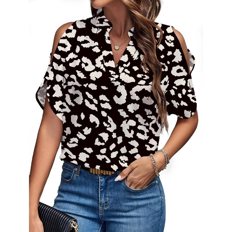 Women's summer new solid color V-neck temperament fashion off-the-shoulder sleeves women's top