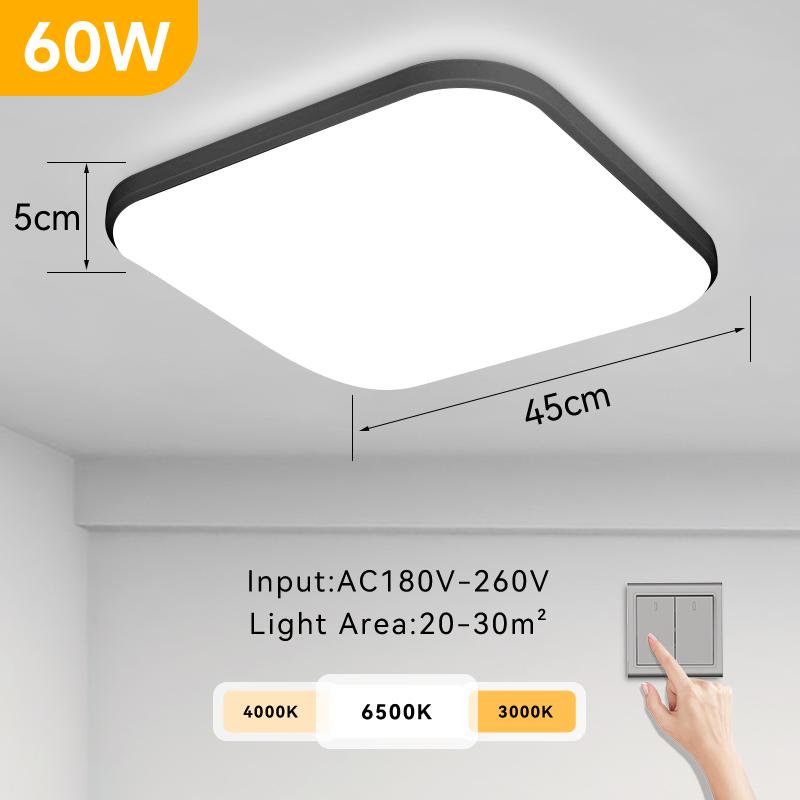 

CANMEIJIA Трехцветный светодиодный квадратный потолочный светильник 60 Вт для поверхностного монтажа, заподлицо с панелью, современный потолочный светильник для гостиной, кухни, спальни 60W Tricolor чёрный