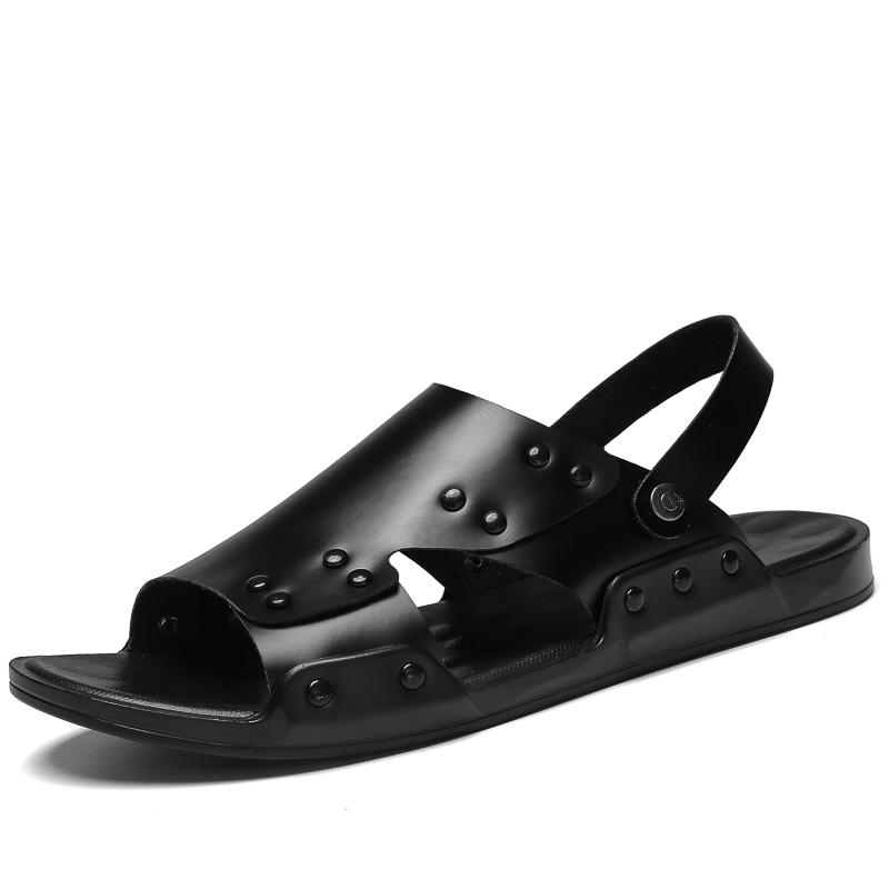 Summer Men's Genuine Leather Sandals Fashionable High-quality Flat Shoes Outdoor Breathable Casual Shoes Black Beach Slippers