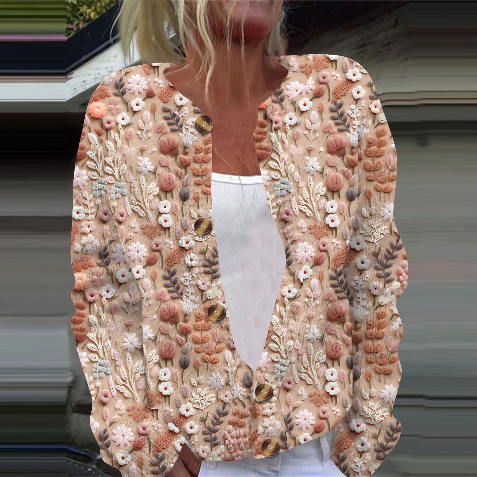 

Женская повседневная мода ретро цветочный принт длинный рукав кардиган куртка на пуговицах M розовый