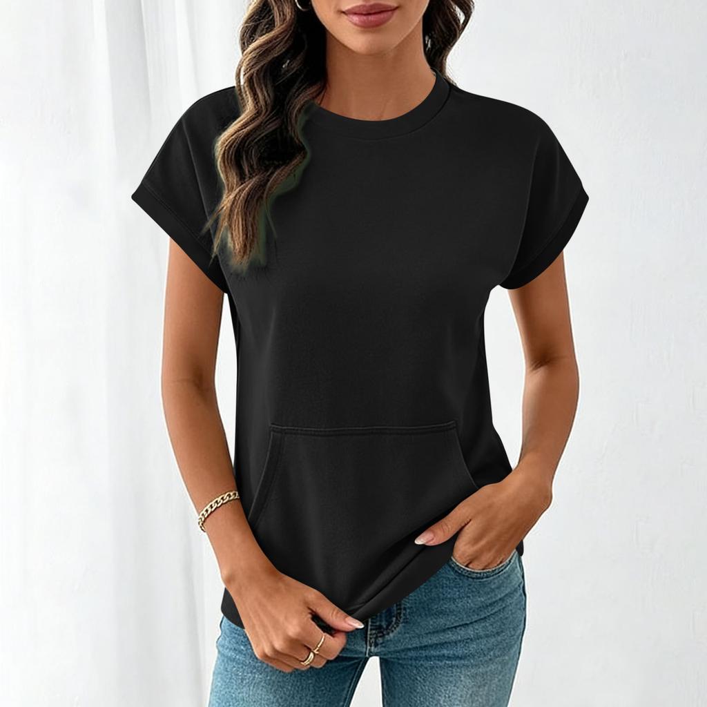 Women's Crew Neck Short Sleeve T Shirt Regular Fit Casual Solid Color Pocket Blouse