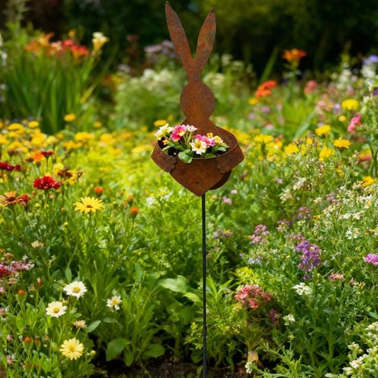 Plantação de Metal Vintage em Forma de Coelho para Páscoa, Estaca de Jardim, Silhueta de Coelho Rústica, Decoração de Quintal com Acabamento em Pátina para Jardim Externo, Plantas de Flores da Primavera