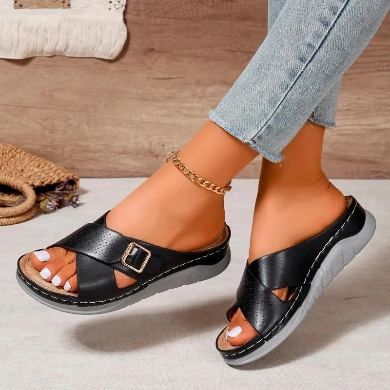 Fashion Plus Size Shoes Female 2024 Hot Sale Women's Slippers Casual Slippers Women Buckle Round Toe Wedges Open Toe Women's Sandals