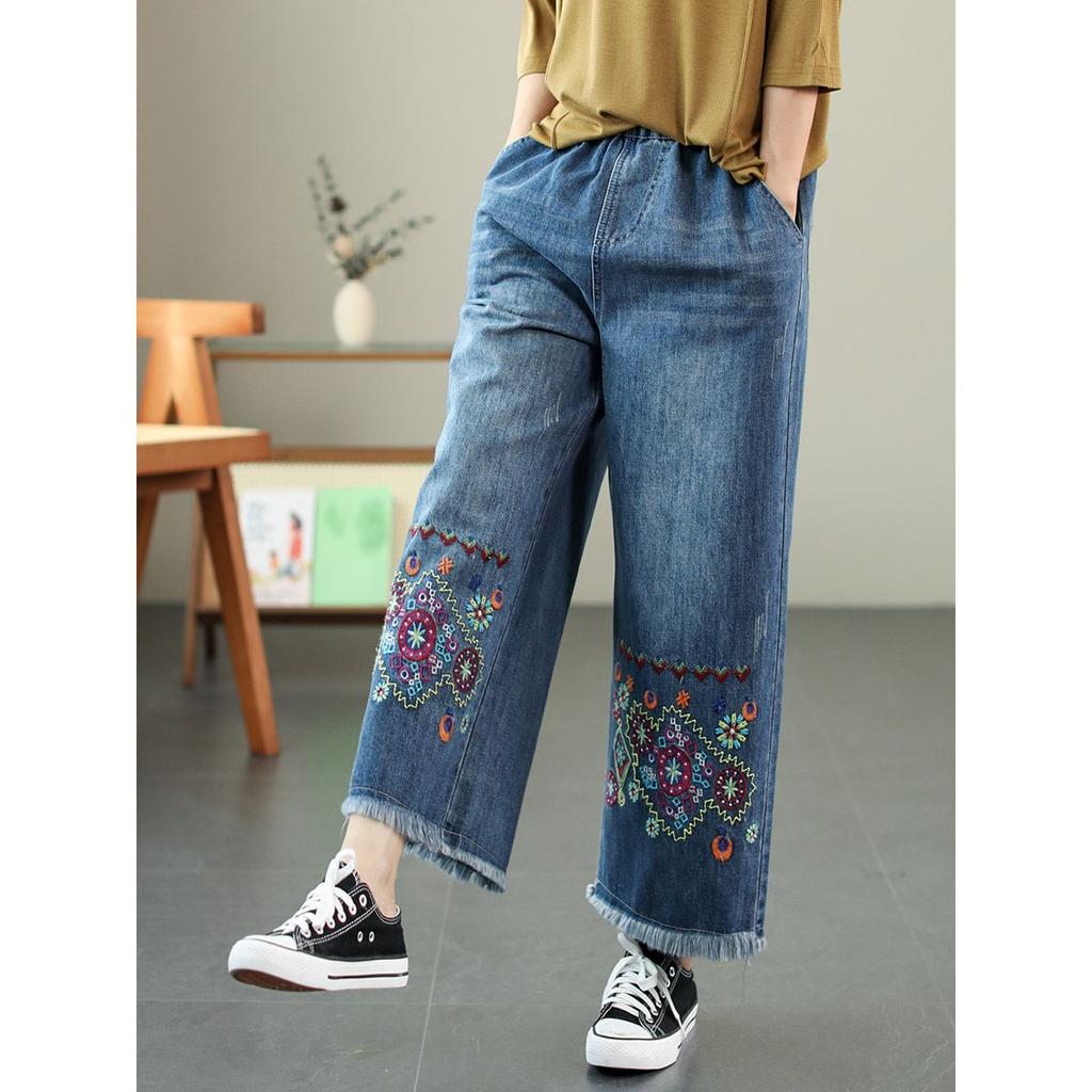 Ethnic Style Jeans for Women Spring Autumn Collection Elastic High Waisted Embroidered Loose Nine Quarter Wide Leg Pants