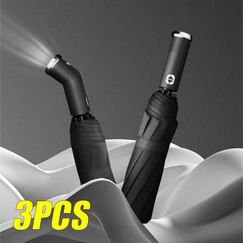Rotating LED 10-bone Frame Contraction Automatic Umbrella Sunshade Umbrella Rain and Sunshine 2-in-1 Umbrella 3PCS Umbrella