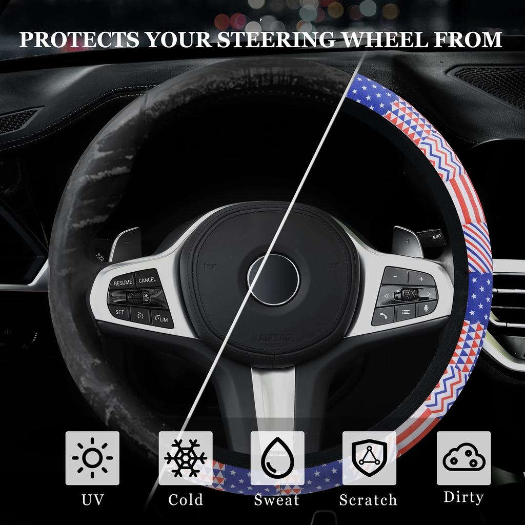 Car Steering Wheel Breathable Non-Slip American Flag Print Car Steering Wheel Cover Handlebar Wrap No Inner Ring Needed