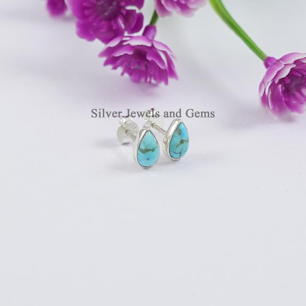 Natural Turquoise Stud Earrings, Teardrop Turquoise Studs, Tiny Stud Earrings, 925 Sterling Silver Studs, Gift for Wife