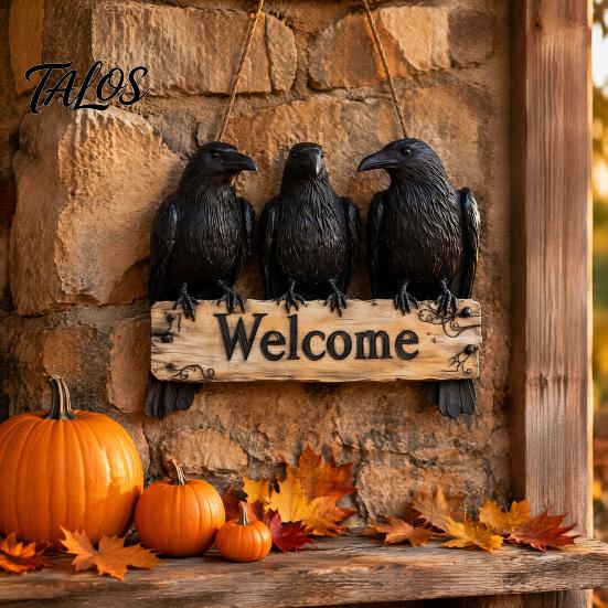 Vintage Style Wall Plaque Halloween Crow Door Hanger Sign, Wooden Black Welcome Gothic Natural Hemp Rope Sign Hanging Plaque, Rustic Outdoor Decor for
