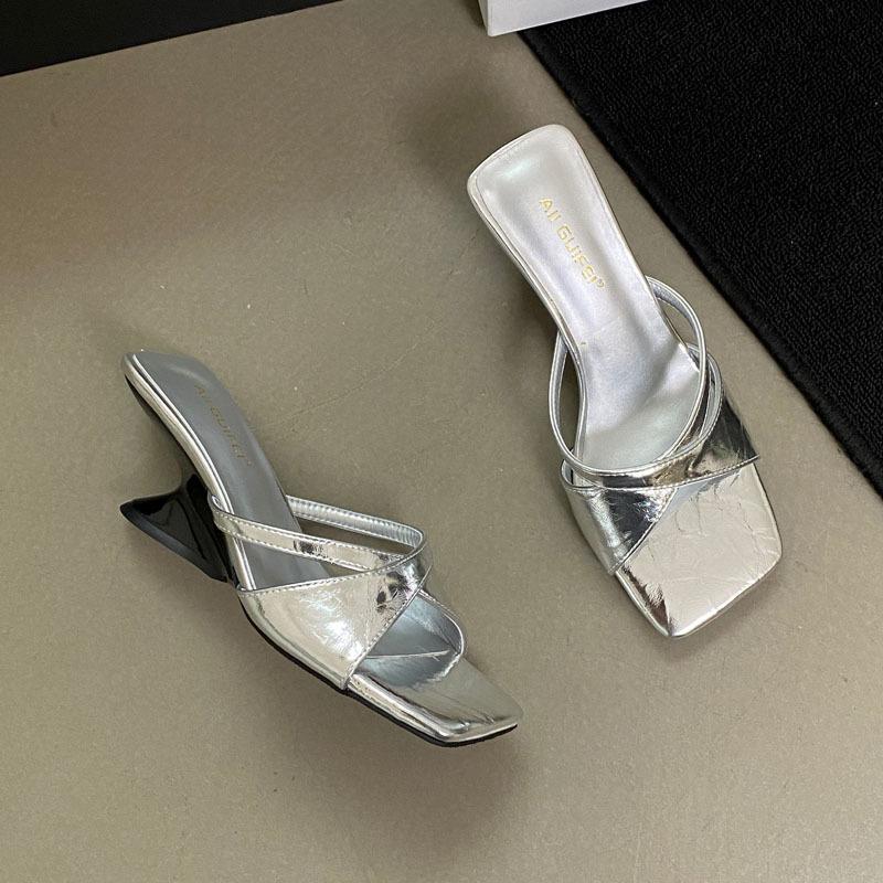 New Chinese style special-shaped slope heel open-toed cool slippers women's summer niche design square head high-heeled one-word shoes