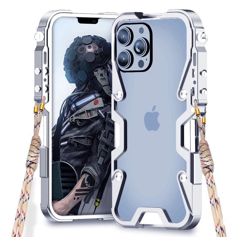 For iPhone 13 Pro Max 6.7 inch Protective Case Aluminium Alloy Metal Phone Cover with Strap