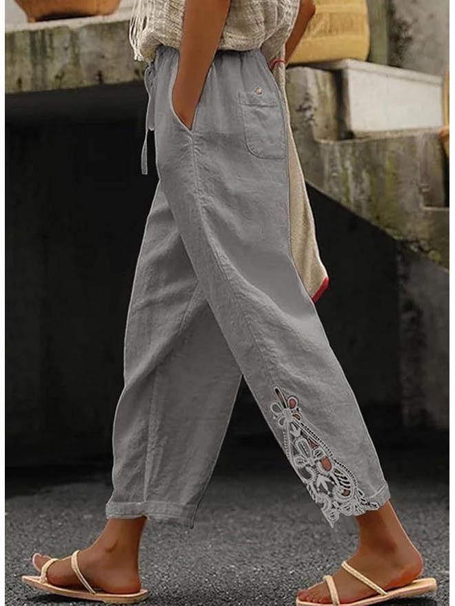 Autumn Lace Patchwork High-Waist Drawstring Cropped Casual Pants with Pockets 2025