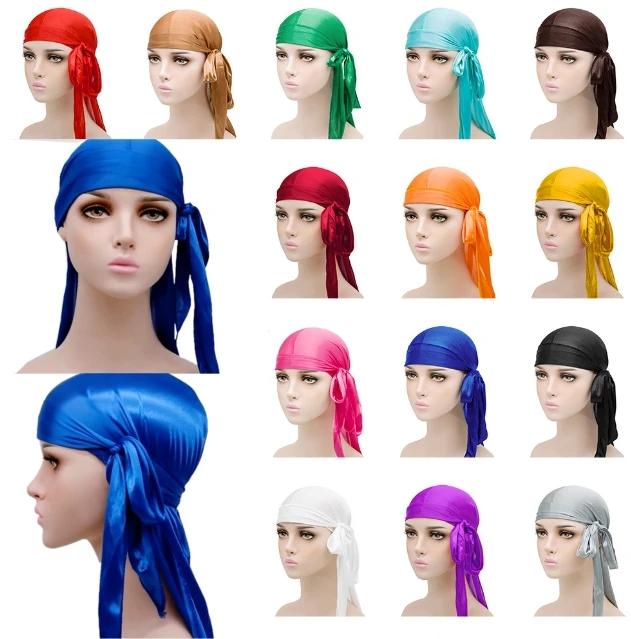 Novas Toucas Durag de Cetim Bandana Unissex Masculino Feminino Lenço de Cabeça Headwear Turbante Chapéu Boné de Ondas Cauda Longa Hijab Faixas Esportivas para Cabeça