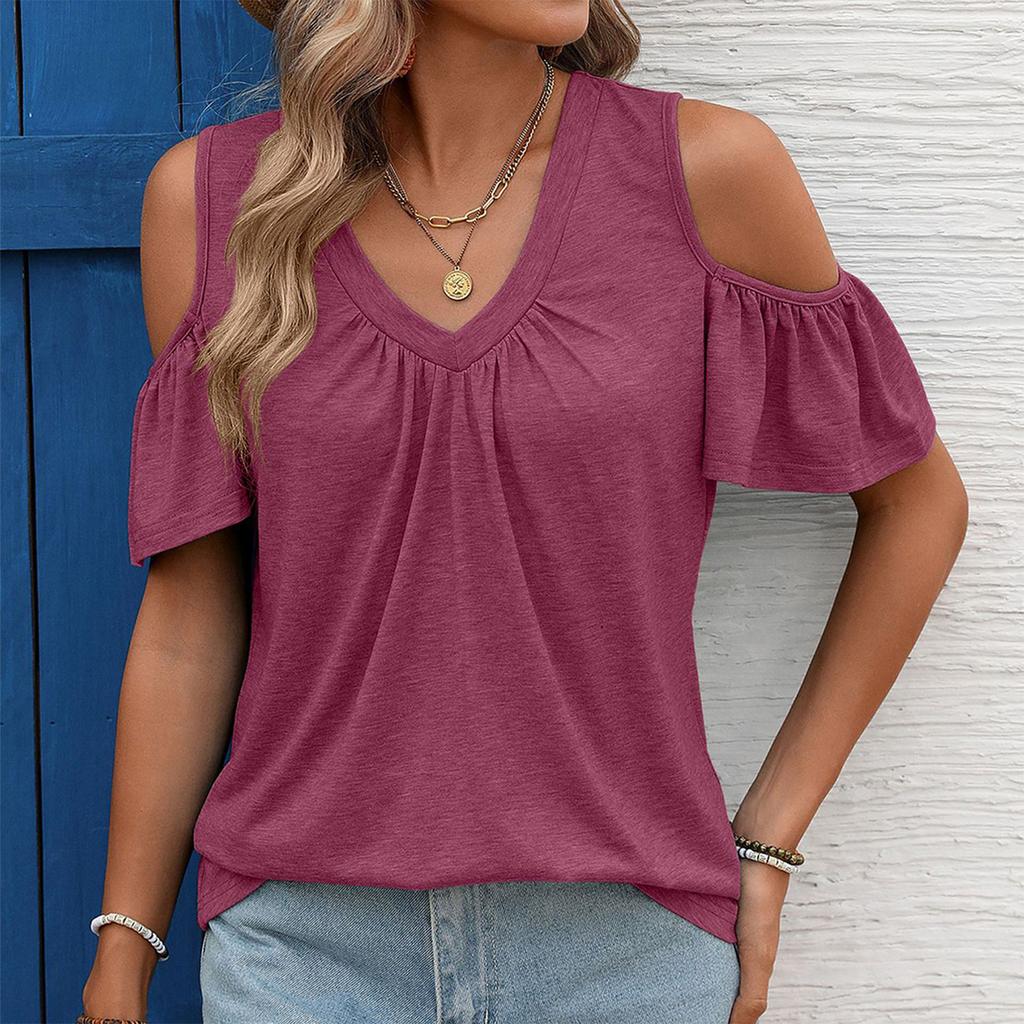 Women’s V Neck Cold Shoulder Short Sleeve Top Loose Fit Summer Blouse with Ruffle Sleeve Soft Lightweight Material