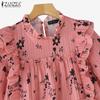 ZANZEA Women Summer Floral Print Casual Short Sleeve Ruffles Blouse
