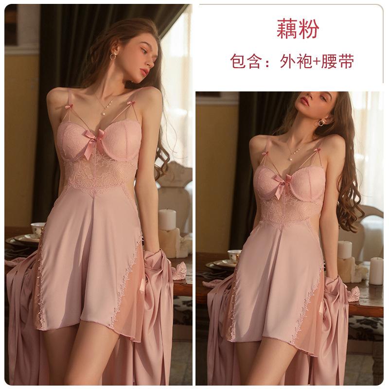 

Sexy hollow satin lace plus chest pad deep V temptation steel ring gathering nightdress robe loungewear one size fits all