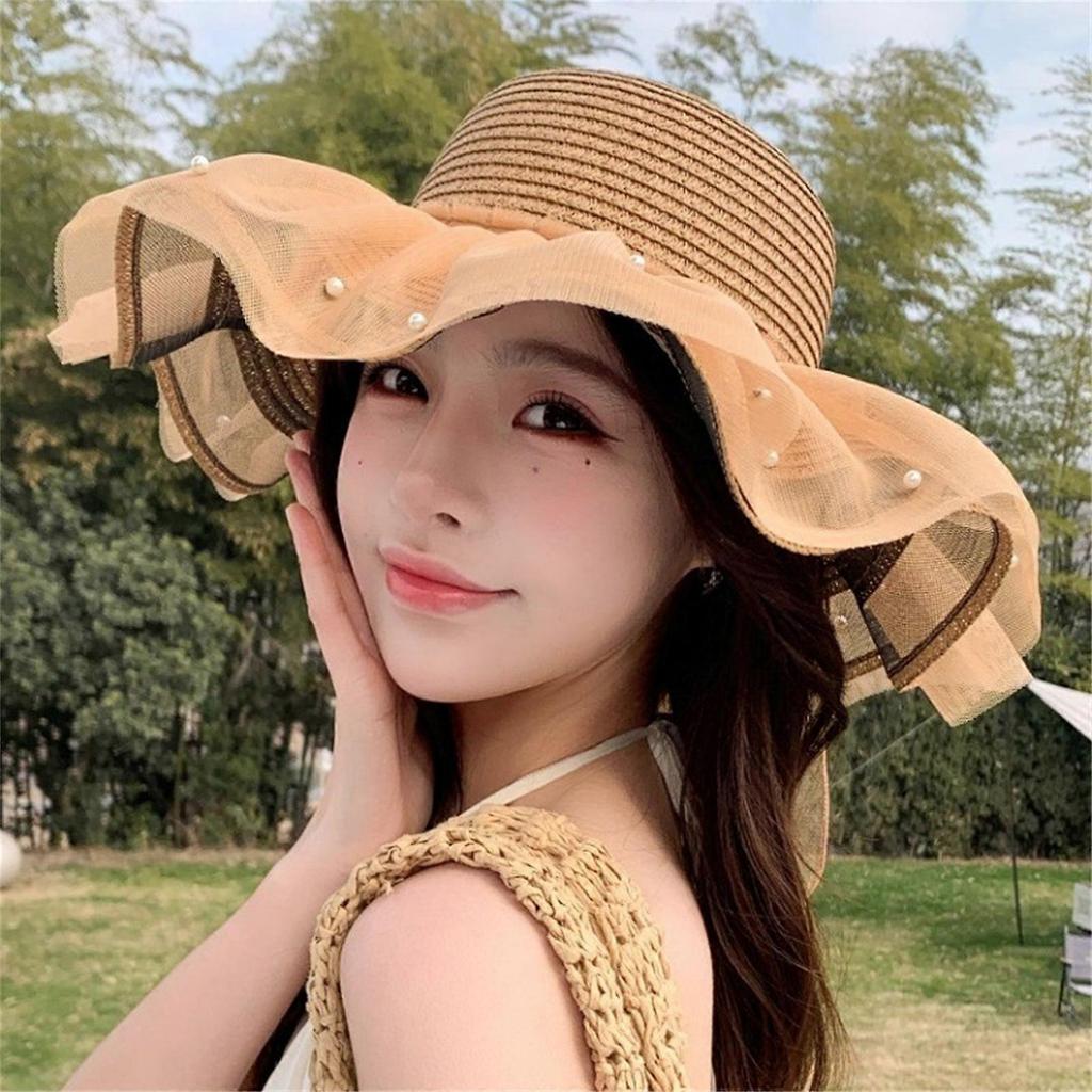 Trendy Large Brimmed Sun Hat for Women Girl With Decorative Lace Bowknot Soft Breathable Straw Hat For Various Occasion  Pink