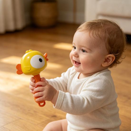Rattle Baby Toy with Ergonomic Handle Infant Sensory Toy Soft Food-Grade Baby Rattle Baby Hand-eye Coordination Toy