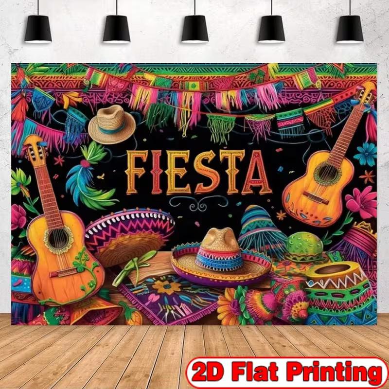 2D Cinco de Mayo Backdrop, Mexican Fiesta Colorful Guitar Sombrero Party Background 47.2x31.5inch/120*80cm