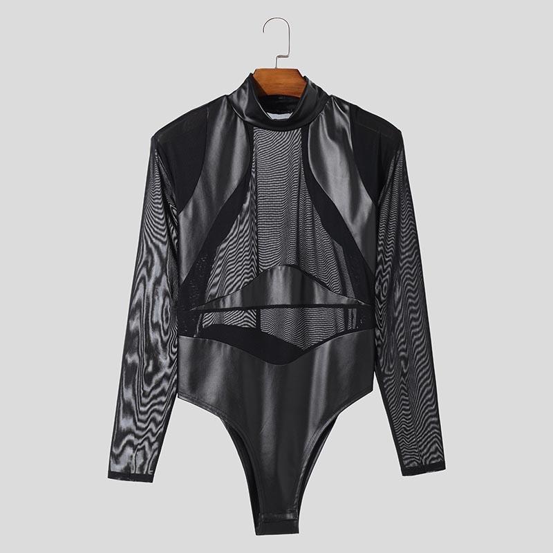 INCERUN Men Long Sleeve Glitter Patchwork Mesh Sheer See Through Leotard Jumpsuits
