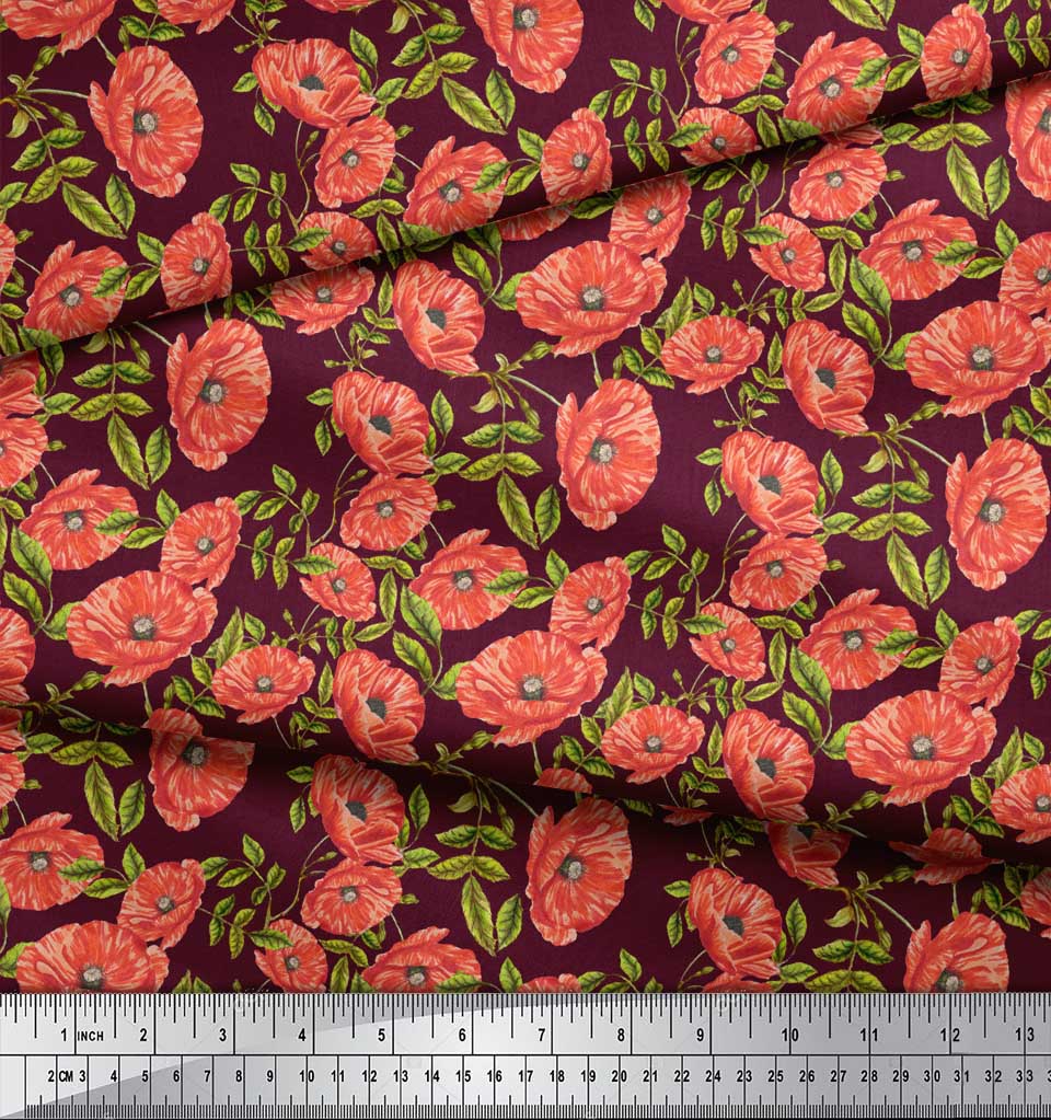 Soimoi Blue Japan Crepe Satin Fabric Leaves & Poppy Floral Print Sewing Fabric metre 42 Inch