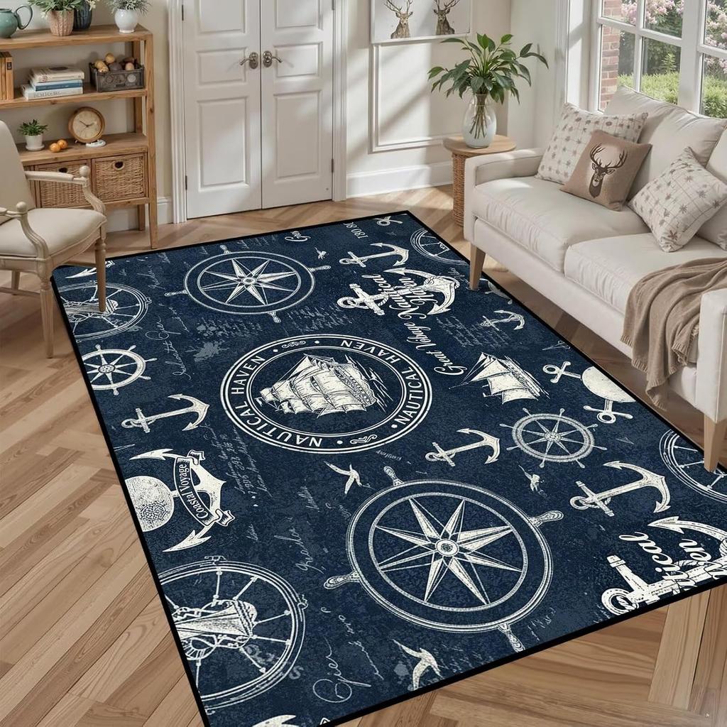 Dark Navy Nautical Rug, Anchor Ship Wheel Vintage Sailing Marine Pattern,Non-Slip Washable Mat for Living Room Sofa Dining Decor