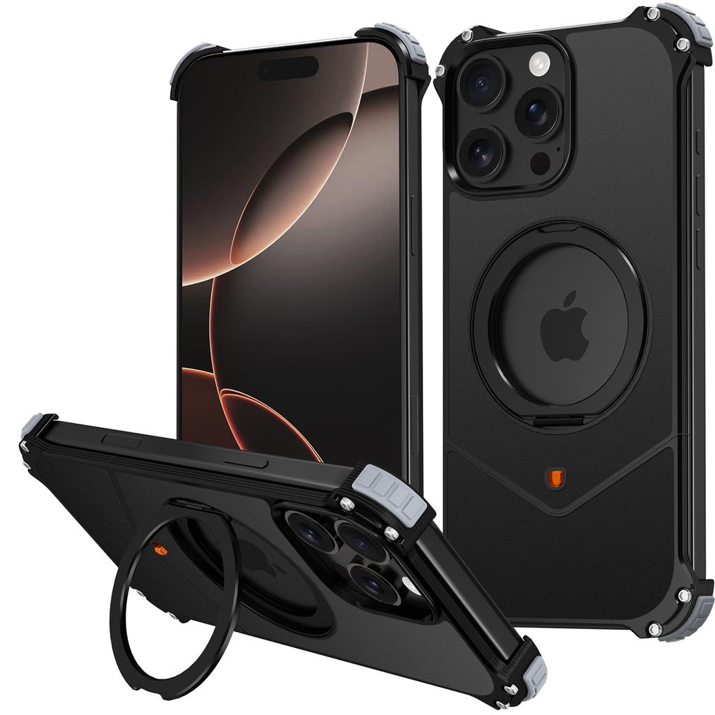 For iPhone 16 Pro Max Case PC + Metal Boardless Phone Back Cover with Kickstand