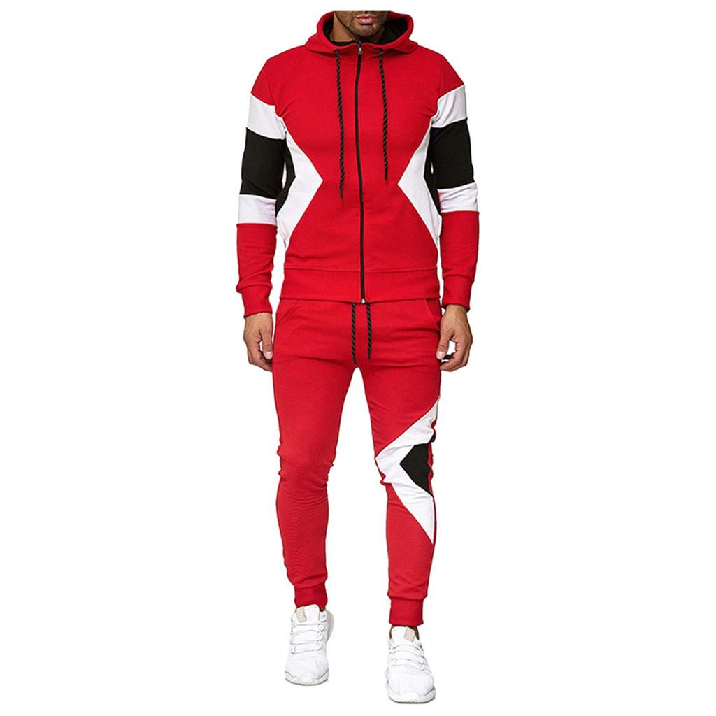 Men's Fashion Leisure Color Patchwork Sports Fitness Hoodies Pants Suit