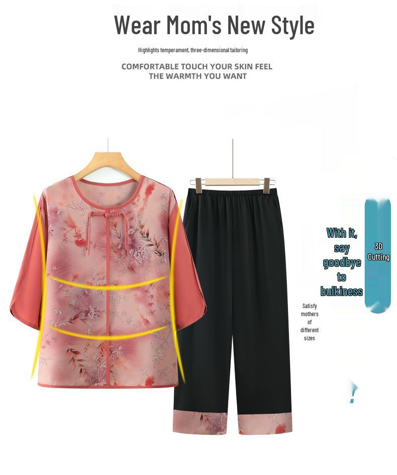 Summer 2026 New Chinese Style Outfit: Two-Piece Shirt and Trousers Set for Middle-aged and Elderly Women