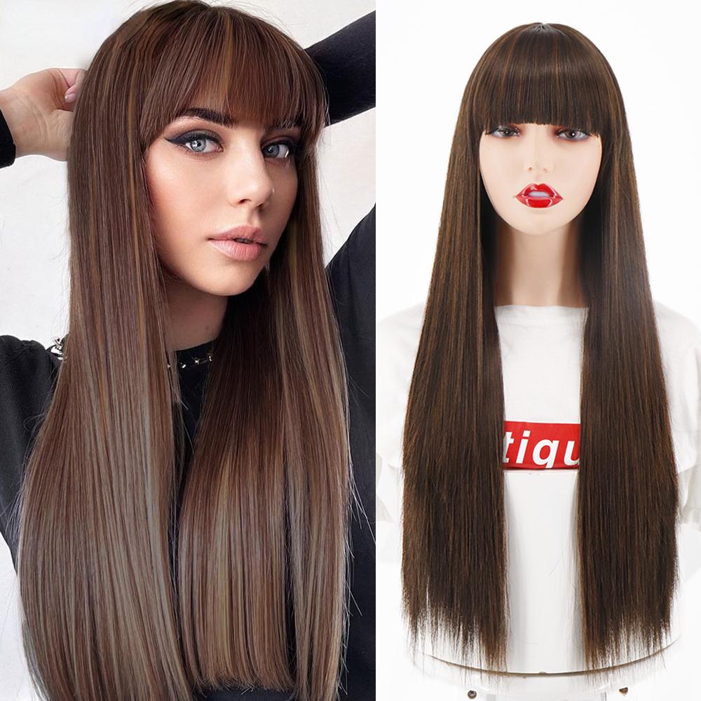 MERISIHAIR Brown Long Straight Wig with Blunt Bangs Synthetic Heat Resistant Fiber Wig for Women Daily Wear