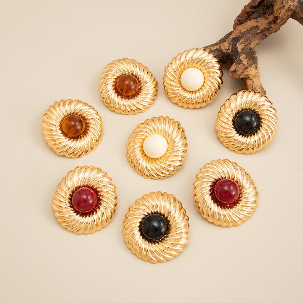 Exaggerated Style Metal Thread Round Stud Earrings, Retro Inlay Smudged Resin Gem Earrings Women
