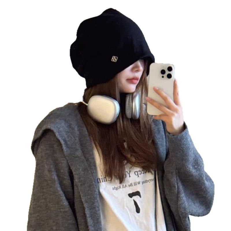 Autumn and winter Internet celebrities stacked bag head hat women's high sense metal small standard loose warm ear protection knitted hat