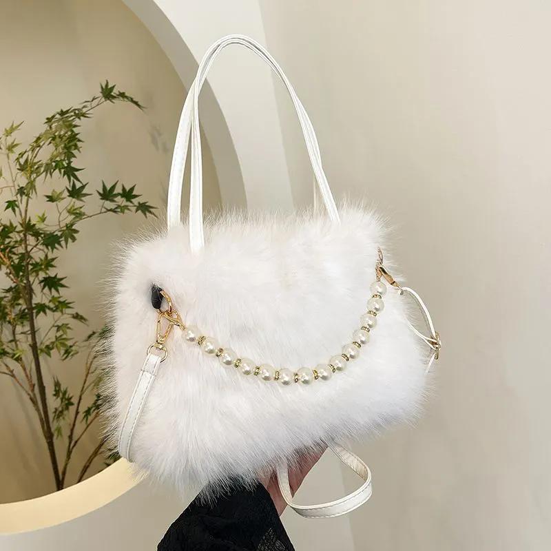 Winter Soft Faux Fur Shoulder Bags for Women Simple Pearl Chain Ladies Plush Crossbody Bags Solid Color Female Handbags Purse