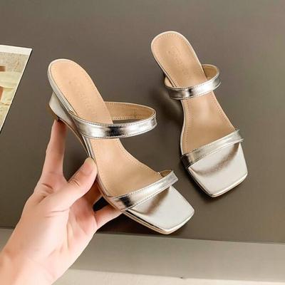Women's Shoes Thin Heeled Kitten Heel Single Shoes Summer Chunky Heel Silver Simple Square Toe Open Toe Women's Cool Slippers