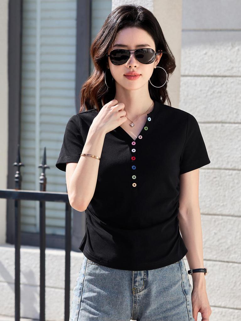 2026 Slim-Fit Short-Sleeve T-Shirt with Colorful Buttons - Korean Style Slimming, Versatile, and Sweet Women's Summer Top