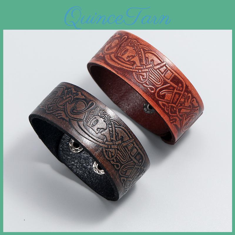 Leather Vintage Printed Wristband Adjustable Cuff Bangles For Men