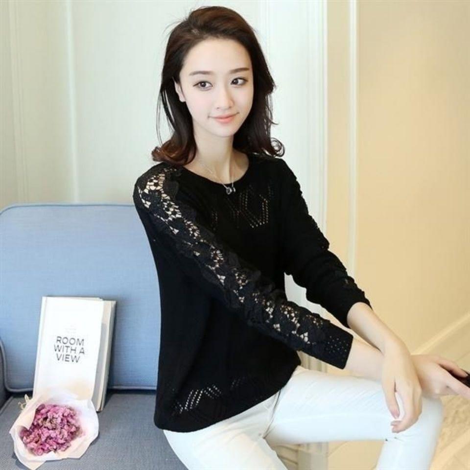 Autumn and Winter Clothing Round Neck Lace Crochet Long Sleeved Hollow Knit Sweater Women's Sweater Loose Fit