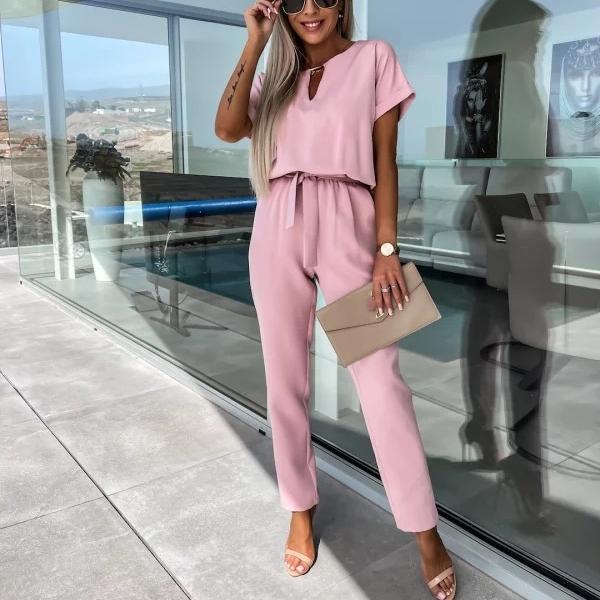 

QICEDV V-образный вырез короткий рукав медная труба декоративный пояс комбинезон девять четвертей брюки M розовый