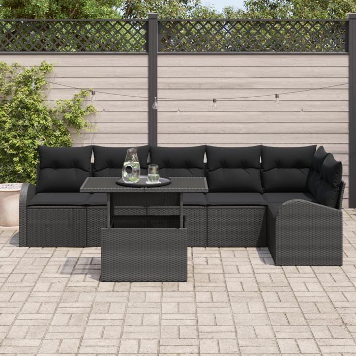 Ensemble de 7 Canapés de Jardin avec Coussins en Rattan Noir, Canapé 2 places avec Rangement &amp; Coussins en Rattan Noir 3357396