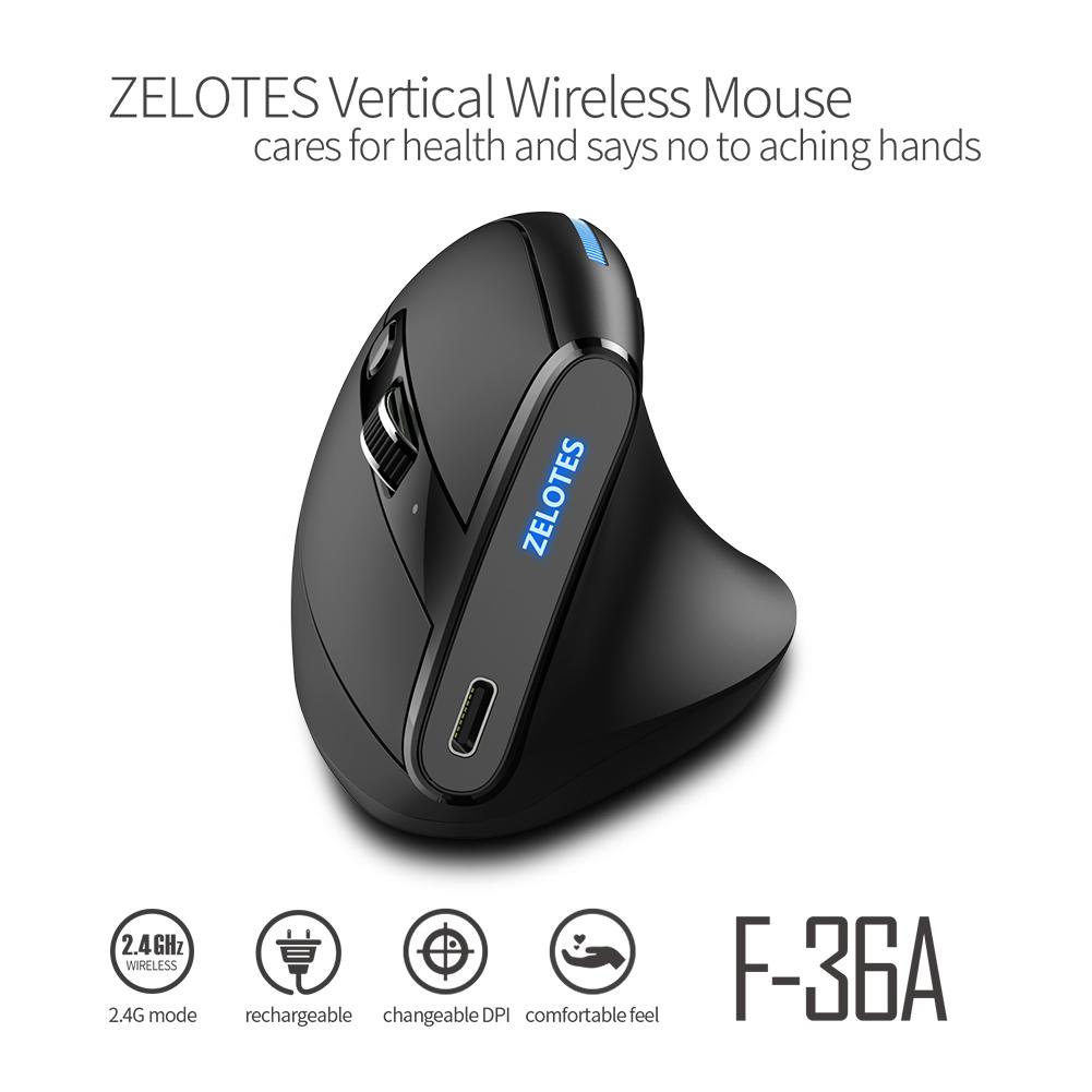 ZELOTES Optical 2.4G Mouse 6 Buttons F-36A Optical Vertical Mouse 2400 DPI Adjustable for Computer Laptop