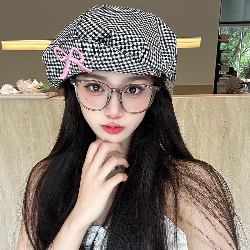 Women's Korean Plaid Bowknot Beret Hat