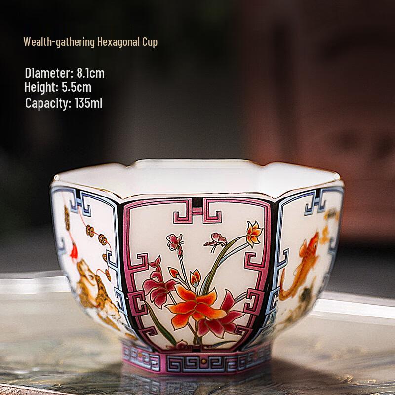 Wealth-Gathering Six-Sided Ceramic Tea Cup