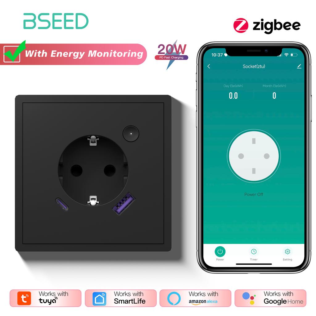 BSEED Zigbee 1/2/3/4Gang Smart Light Switches Mechanical Click Buttons Roller Shutter Blinds Switch EU Wall Socket With 20W USBC