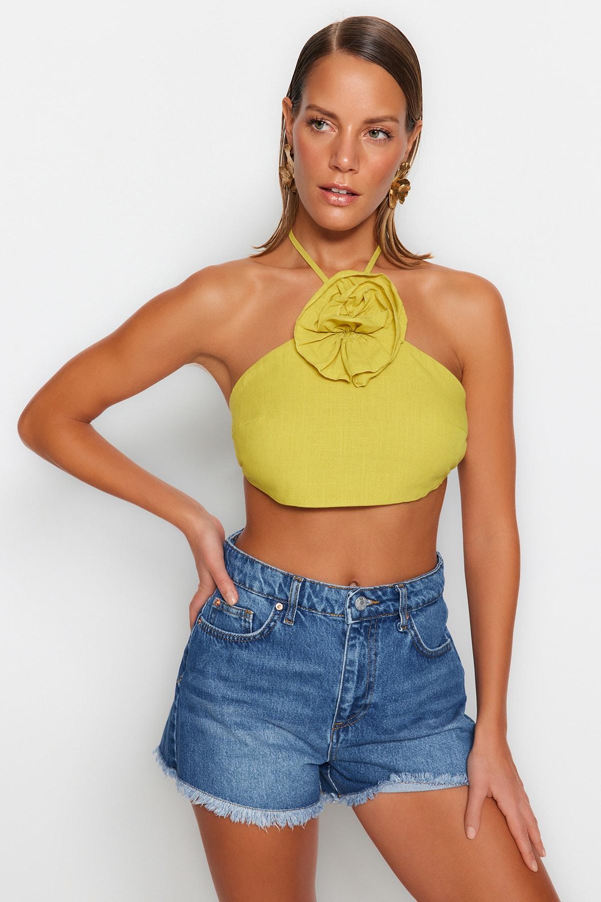 

Укороченная блузка из 100 % хлопка с цветочной аппликацией Fat Green TBESS23BZ00046..