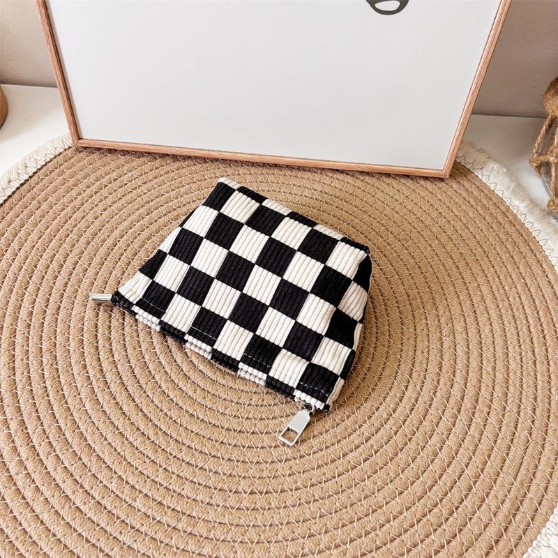 Large Corduroy Plaid Makeup Bag: Striped, Portable, Travel-Friendly with Simple Zipper