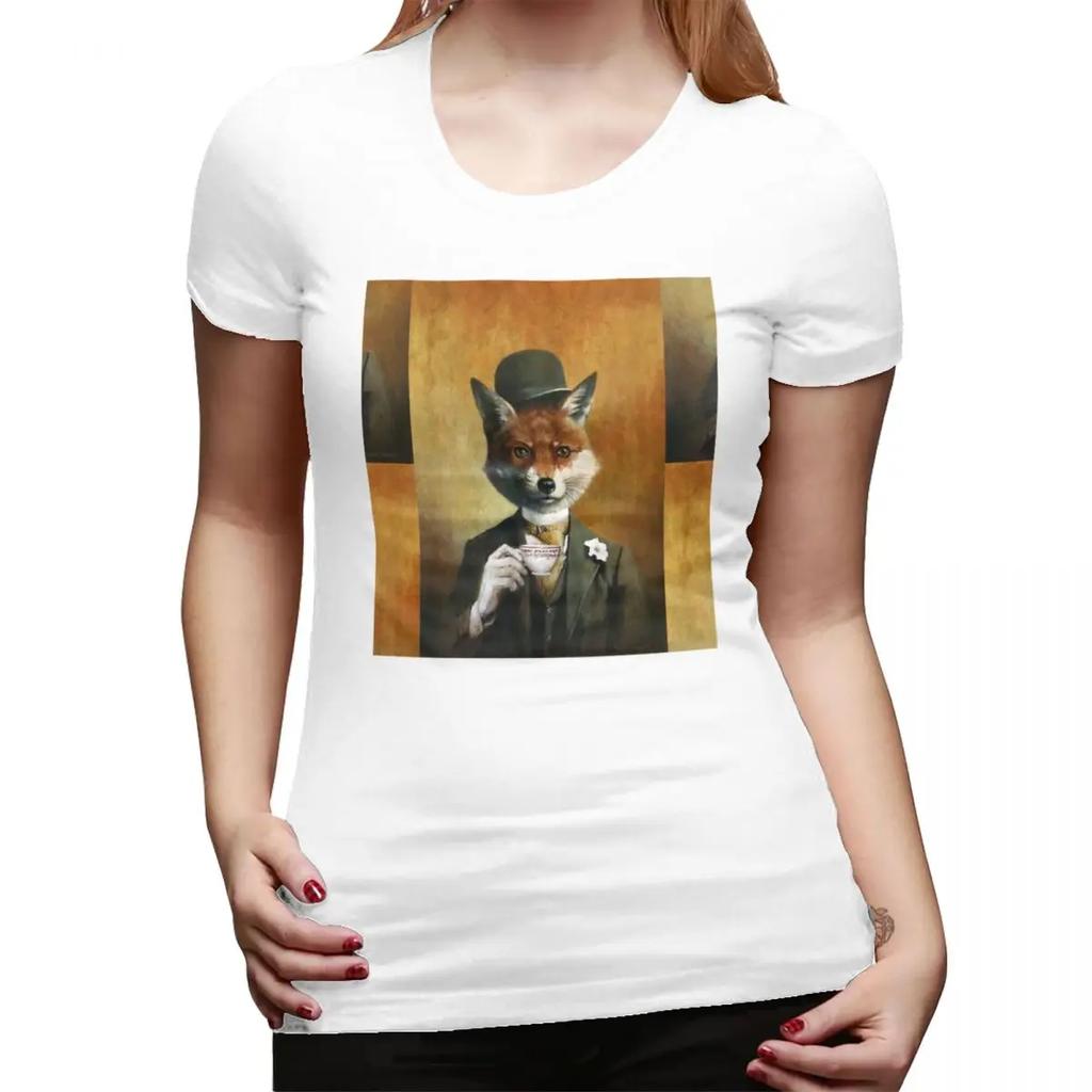 Teatime Mr Fox TShirt for Women Crew Neck Streetwear T Shirts Womens Tees Short Summer Clothes Tops
